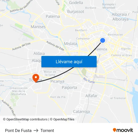 Pont De Fusta to Torrent map