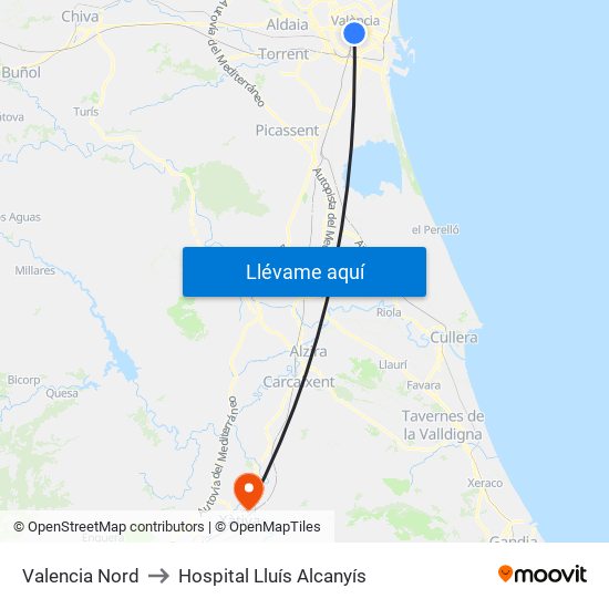 Valencia Nord to Hospital Lluís Alcanyís map