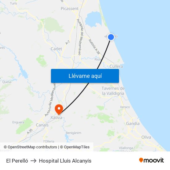 El Perelló to Hospital Lluís Alcanyís map