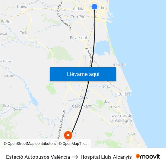 Estació Autobusos València to Hospital Lluís Alcanyís map