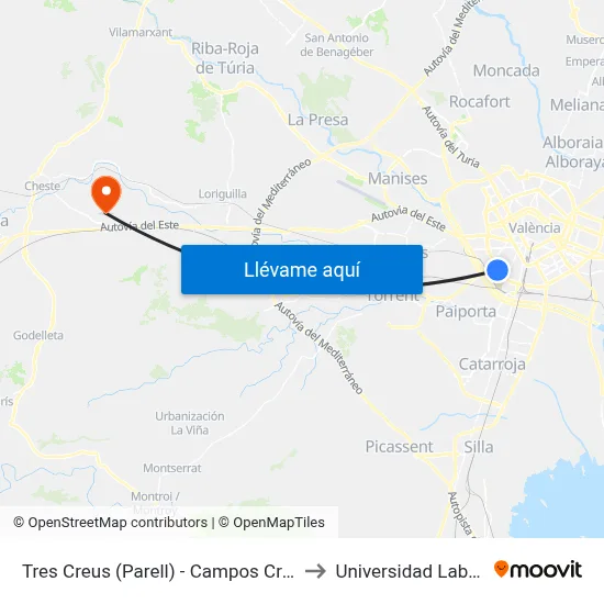 Tres Creus (Parell) - Campos Crespo to Universidad Laboral map
