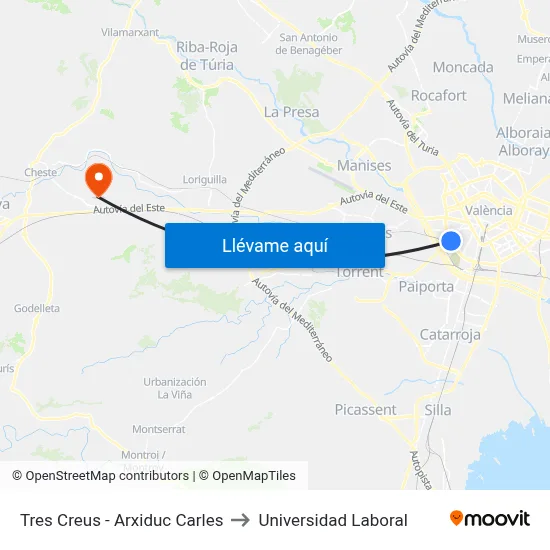 Tres Creus - Arxiduc Carles to Universidad Laboral map