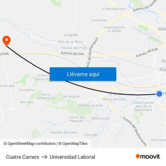 Cuatre Carrers to Universidad Laboral map