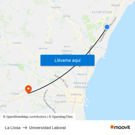 La Llosa to Universidad Laboral map
