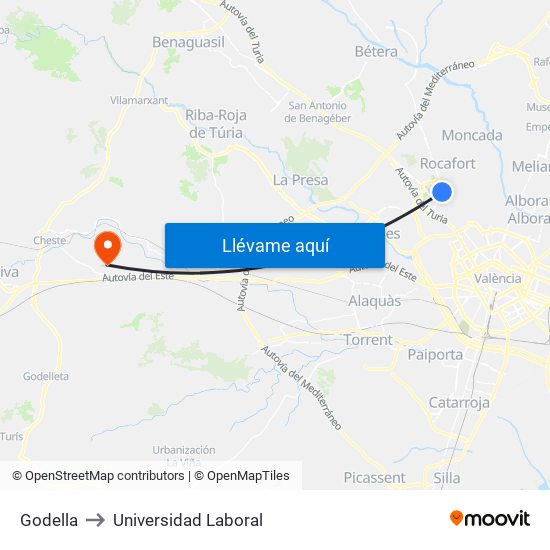 Godella to Universidad Laboral map