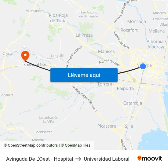 Avinguda De L'Oest - Hospital to Universidad Laboral map