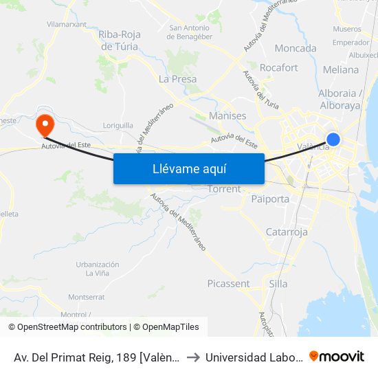 Av. Del Primat Reig, 189 [València] to Universidad Laboral map