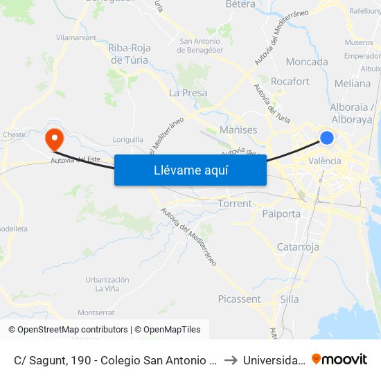 C/ Sagunt, 190 - Colegio San Antonio Abad Salesianos [València] to Universidad Laboral map