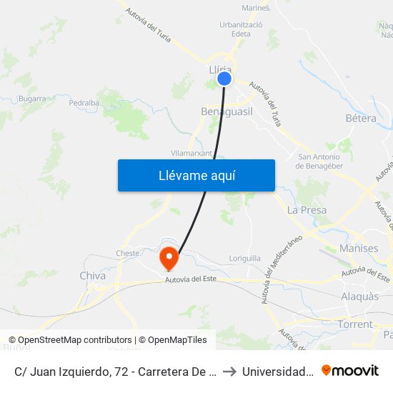 C/ Juan Izquierdo, 72 - Carretera De Vilamarxant [Llíria] to Universidad Laboral map