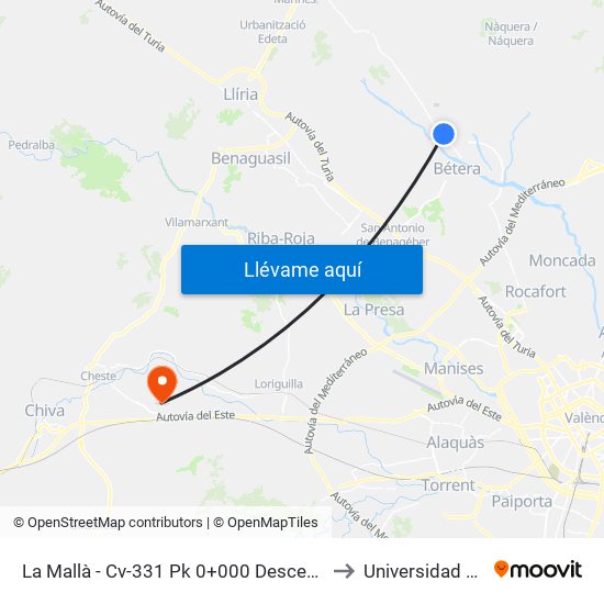 La Mallà - Cv-331 Pk 0+000 Descendente [Bétera] to Universidad Laboral map