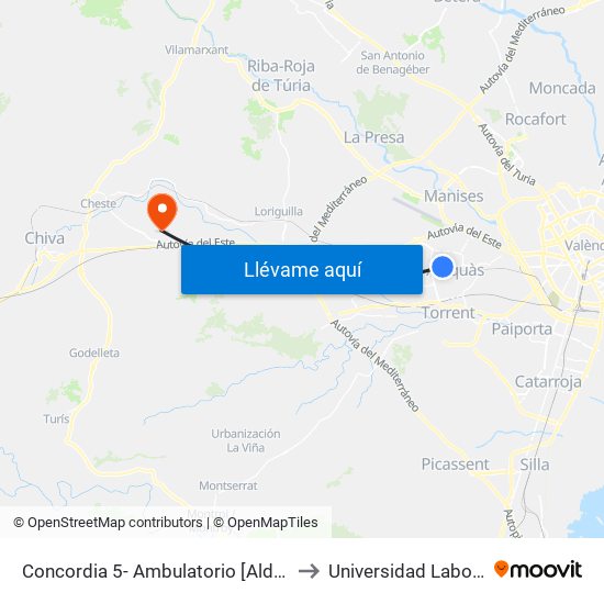 Concordia 5- Ambulatorio [Aldaia] to Universidad Laboral map