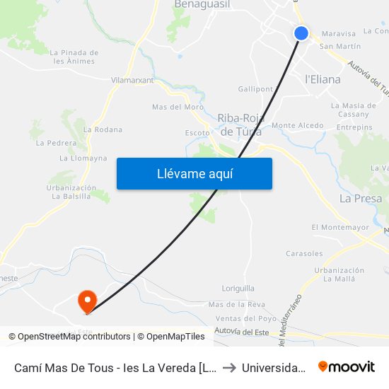 Camí Mas De Tous - Ies La Vereda [La Pobla De Vallbona] to Universidad Laboral map