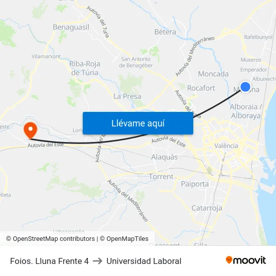 Foios. Lluna Frente 4 to Universidad Laboral map