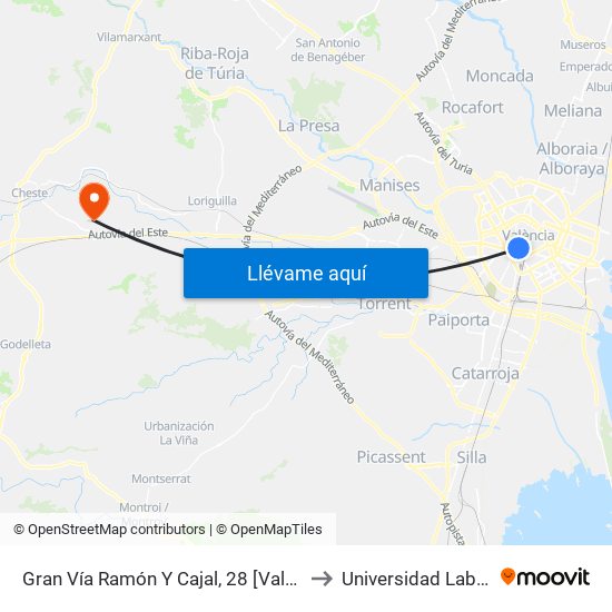 Gran Vía Ramón Y Cajal, 28 [València] to Universidad Laboral map