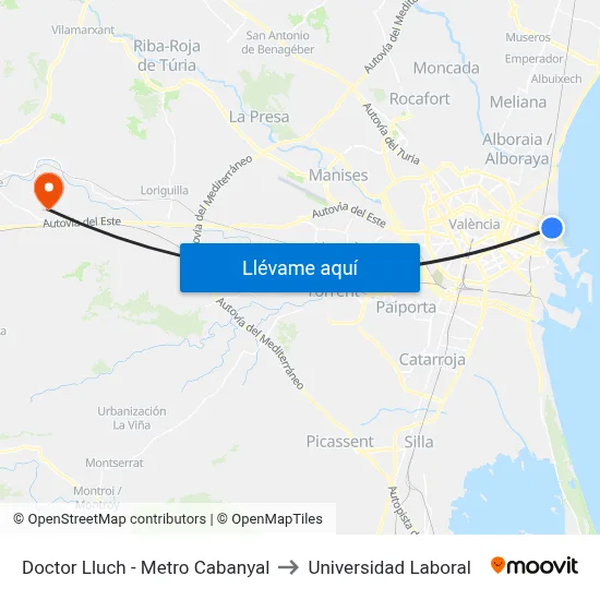Doctor Lluch - Metro Cabanyal to Universidad Laboral map