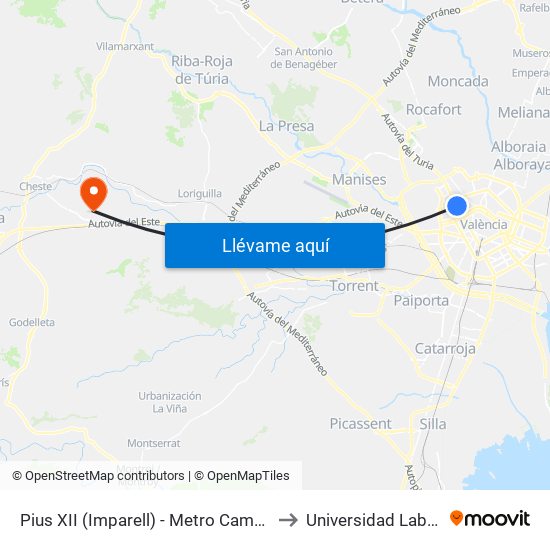 Pius XII (Imparell) - Metro Campanar to Universidad Laboral map