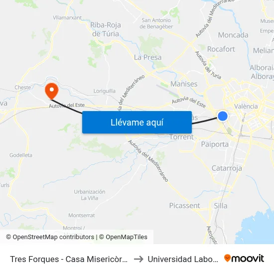 Tres Forques - Casa Misericòrdia to Universidad Laboral map