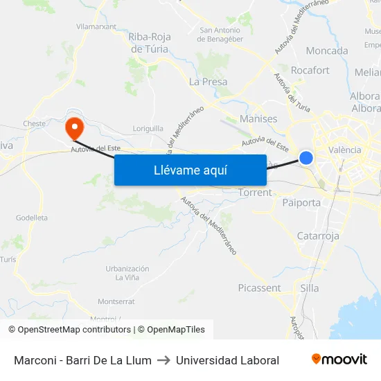 Marconi - Barri De La Llum to Universidad Laboral map