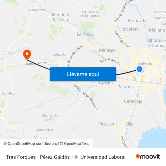 Tres Forques - Pérez Galdós to Universidad Laboral map