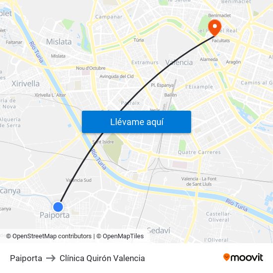 Paiporta to Clínica Quirón Valencia map