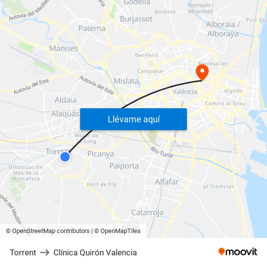 Torrent to Clínica Quirón Valencia map