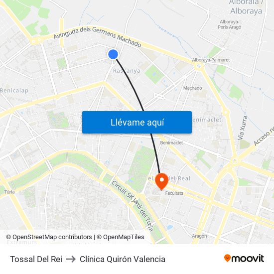 Tossal Del Rei to Clínica Quirón Valencia map