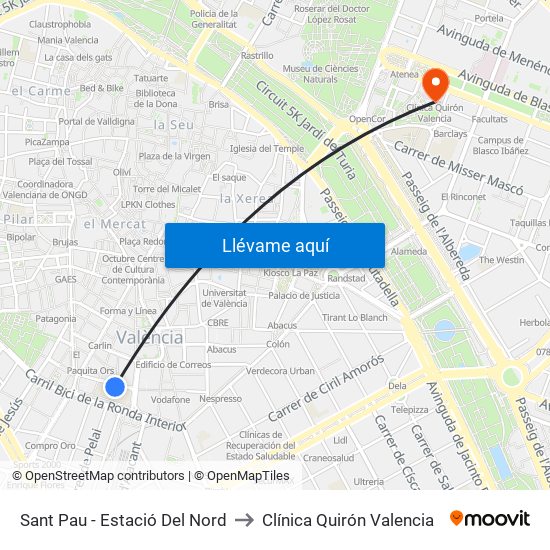 Estació Del Nord - Sant Pau to Clínica Quirón Valencia map