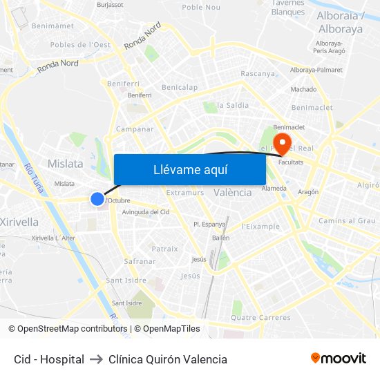 Cid - Hospital to Clínica Quirón Valencia map