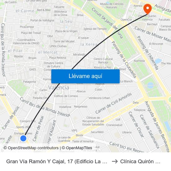 Gran Vía Ramón Y Cajal, 17 (Edificio La Once) [València] to Clínica Quirón Valencia map