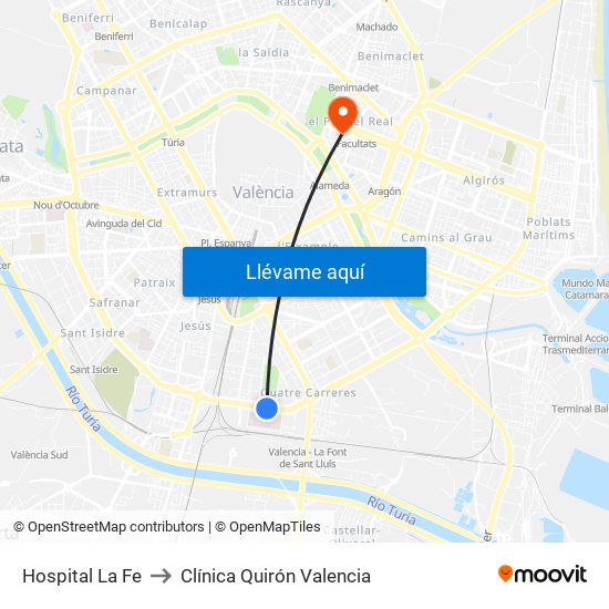 Hospital La Fe to Clínica Quirón Valencia map