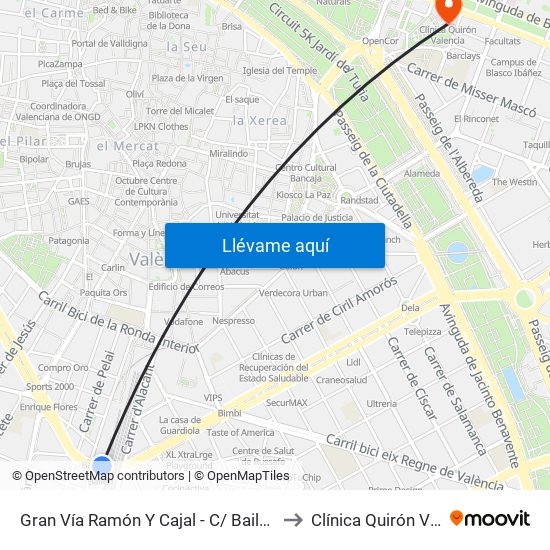 Gran Vía Ramón Y Cajal - C/ Bailén [València] to Clínica Quirón Valencia map
