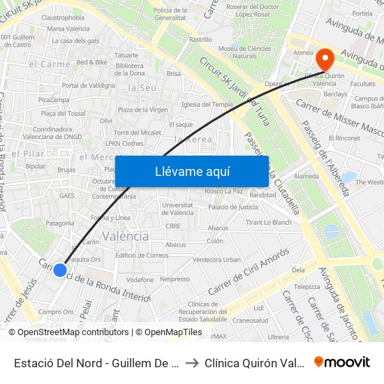 Estació Del Nord - Guillem De Castro to Clínica Quirón Valencia map