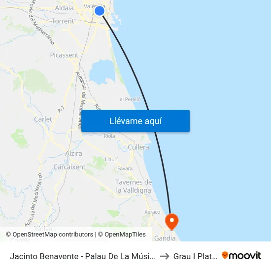 Jacinto Benavente - Palau De La Música to Grau I Platja map