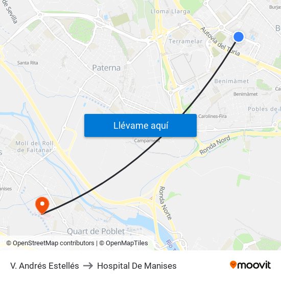V. Andrés Estellés to Hospital De Manises map