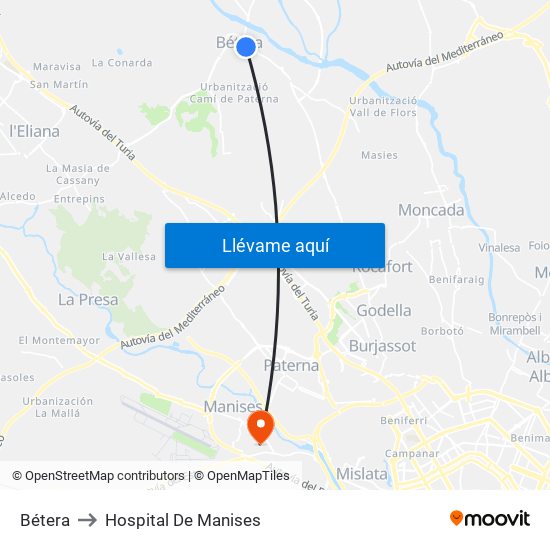 Bétera to Hospital De Manises map