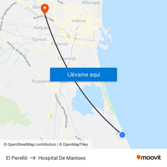El Perelló to Hospital De Manises map