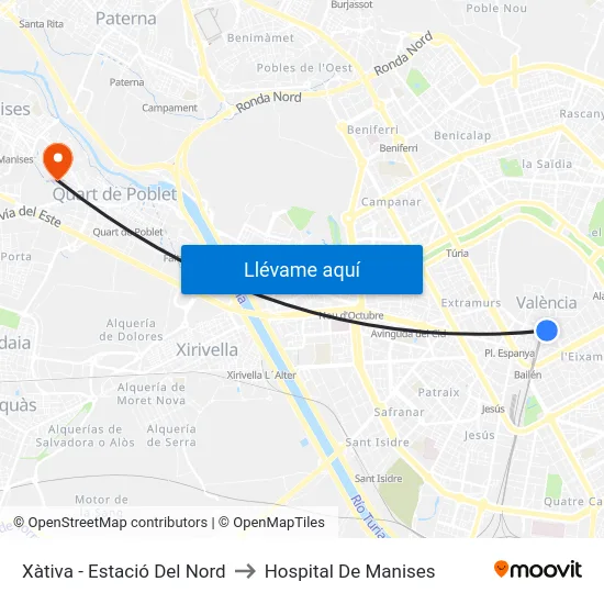 Xàtiva - Estació Del Nord to Hospital De Manises map