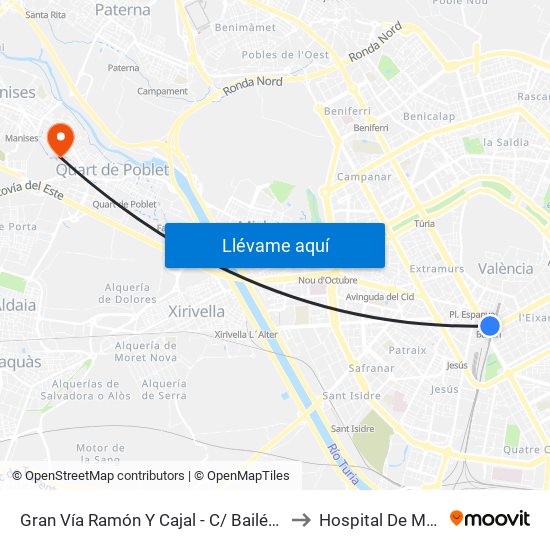 Gran Vía Ramón Y Cajal - C/ Bailén [València] to Hospital De Manises map