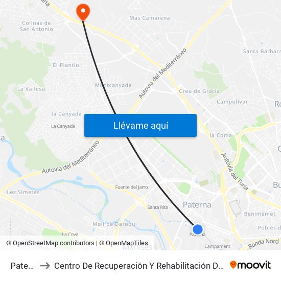 Paterna to Centro De Recuperación Y Rehabilitación De Levante map