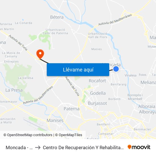 Moncada - Alfara to Centro De Recuperación Y Rehabilitación De Levante map