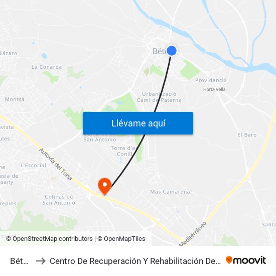 Bétera to Centro De Recuperación Y Rehabilitación De Levante map