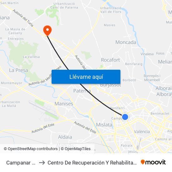 Campanar - La Fe to Centro De Recuperación Y Rehabilitación De Levante map