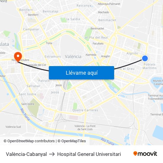 València-Cabanyal to Hospital General Universitari map