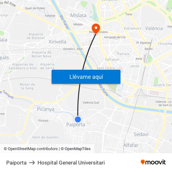 Paiporta to Hospital General Universitari map