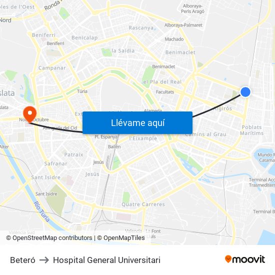 Beteró to Hospital General Universitari map