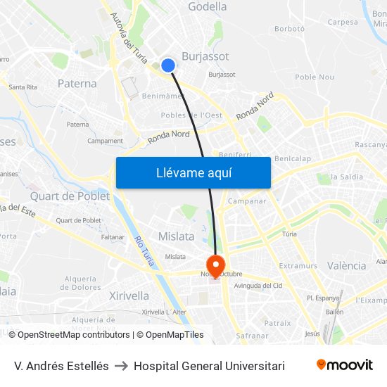 V. Andrés Estellés to Hospital General Universitari map
