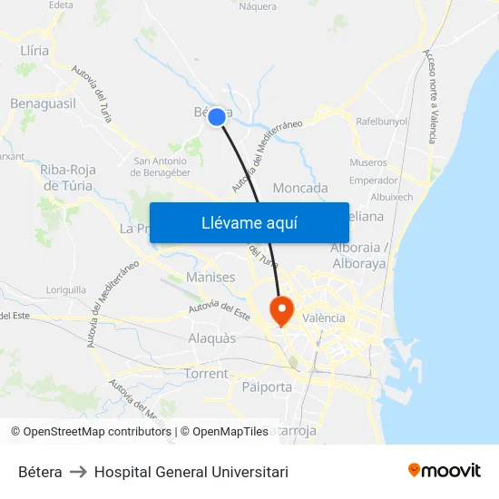 Bétera to Hospital General Universitari map