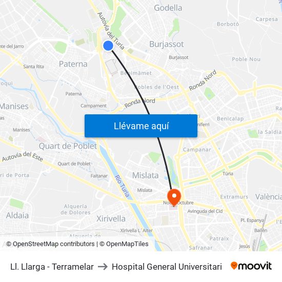 Ll. Llarga - Terramelar to Hospital General Universitari map