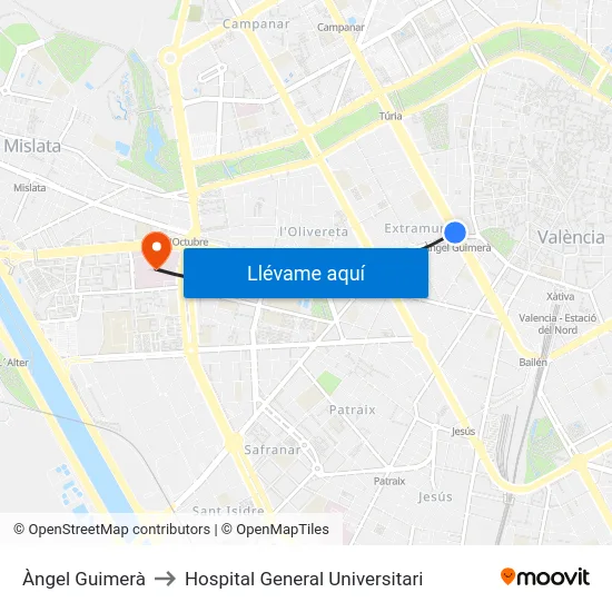 Àngel Guimerà to Hospital General Universitari map