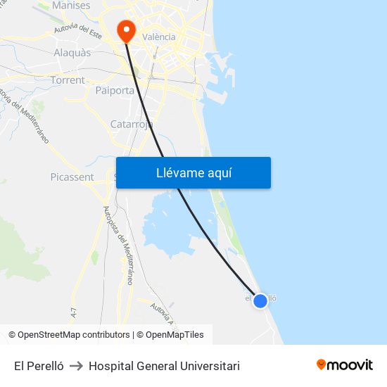 El Perelló to Hospital General Universitari map